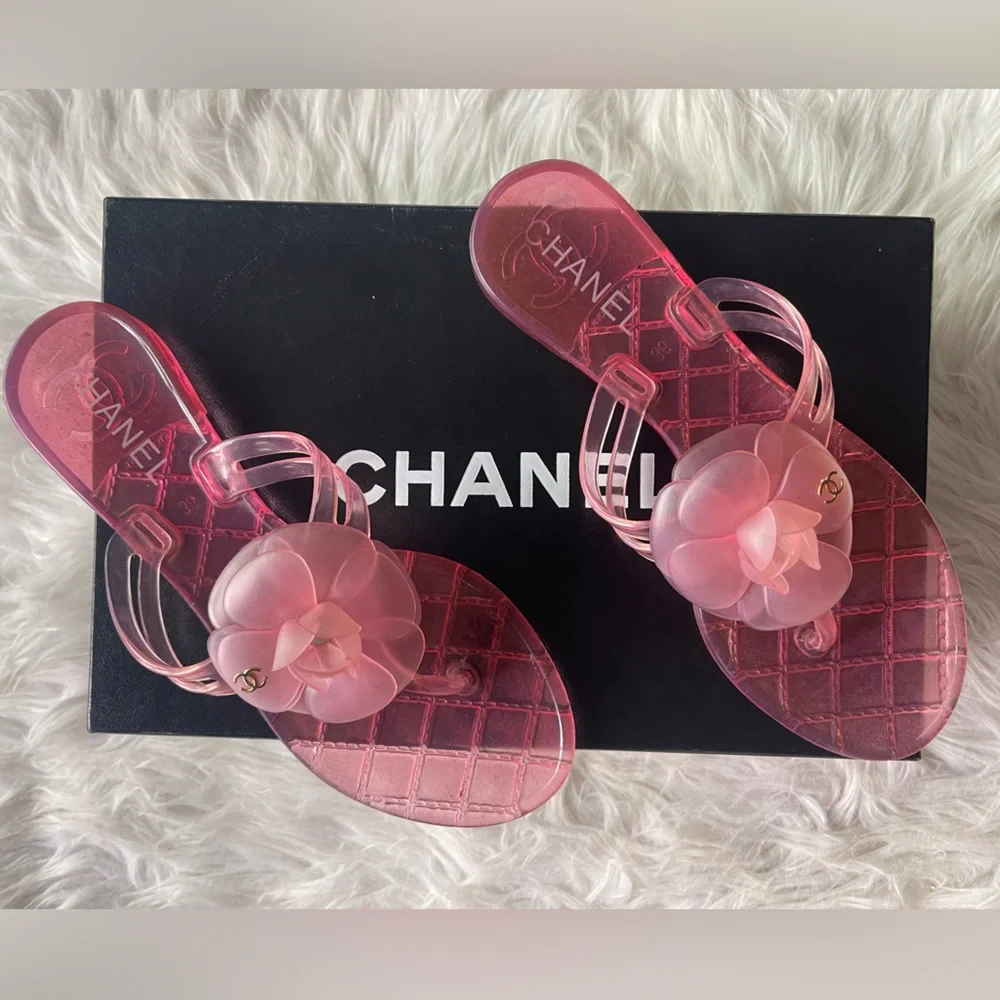 CHANEL | Shoes | Chanel Pink Camellia Jelly Sandals Size 36 Rare